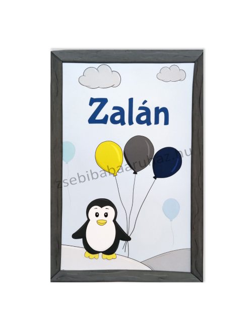 Babaszoba falikép dekoráció Zalán névvel - pingvin, szürke - KIFUTÓ