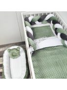 Deluxe Baby Minky babaágynemű garnitúra babafészekkel - 5 részes - sötét zsályazöld - fehér - antracit