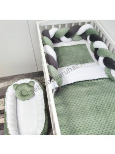   Deluxe Baby Minky babaágynemű garnitúra babafészekkel - 5 részes - sötét zsályazöld - fehér - antracit