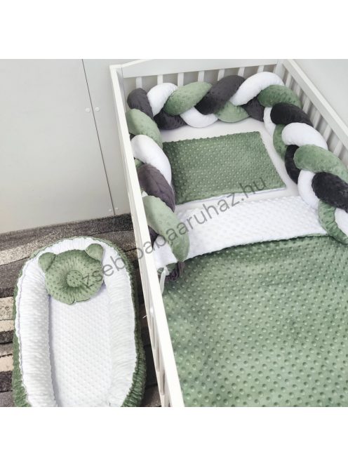 Deluxe Baby Minky babaágynemű garnitúra babafészekkel - 5 részes - sötét zsályazöld - fehér - antracit