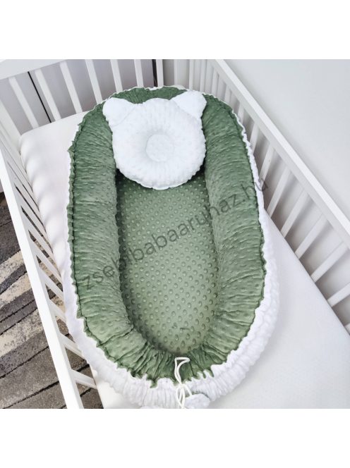 Deluxe Baby Minky babaágynemű garnitúra babafészekkel - 5 részes - sötét zsályazöld - fehér - antracit