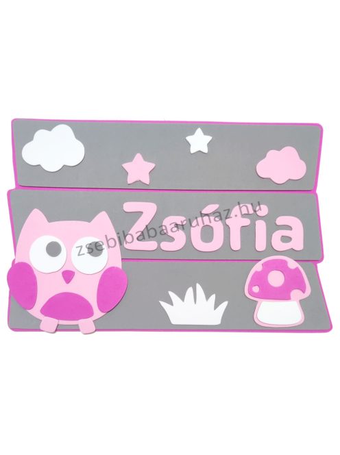 Névtábla falidekoráció Zsófia névvel - Baglyocskás - szürke-pink-rózsaszín -  KIFUTÓ