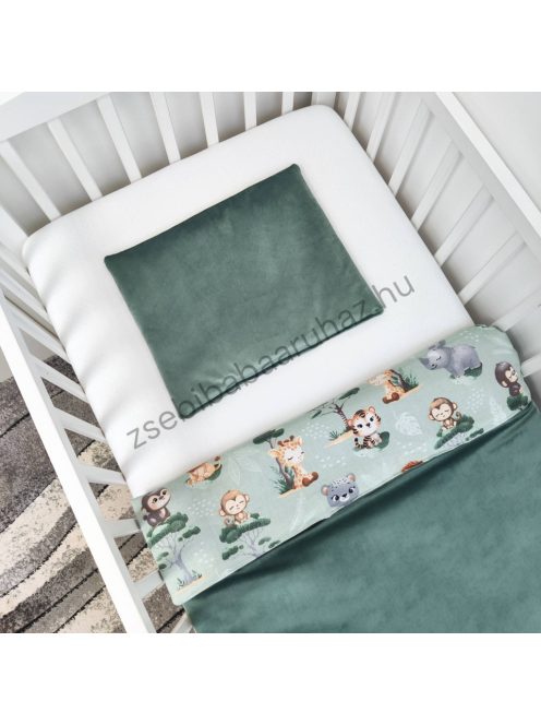 Deluxe Baby 2 részes babaágynemű garnitúra - takaró + párna - zöld bársony - szafari kölykök