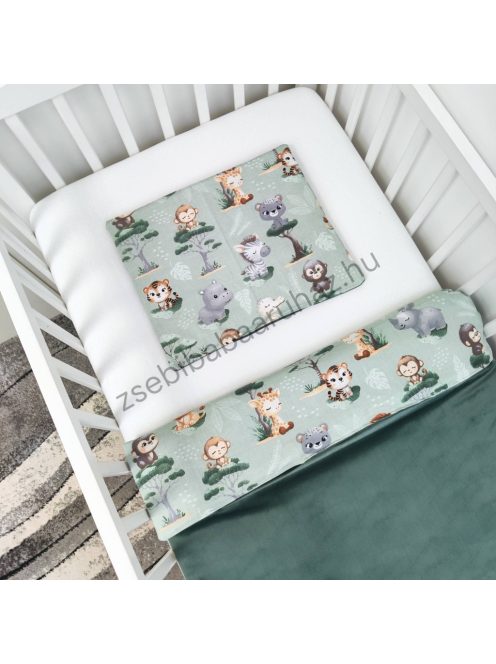 Deluxe Baby 2 részes babaágynemű garnitúra - takaró + párna - zöld bársony - szafari kölykök
