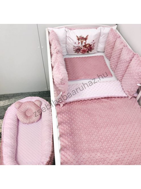 Deluxe Baby Minky babaágynemű garnitúra babafészekkel, Extra párnás rácsvédővel - Dreamland Collection - mályvarózsa őzike virágokkal
