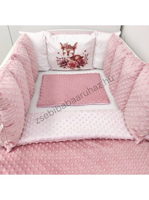 Deluxe Baby Minky babaágynemű garnitúra babafészekkel, Extra párnás rácsvédővel - Dreamland Collection - mályvarózsa őzike virágokkal