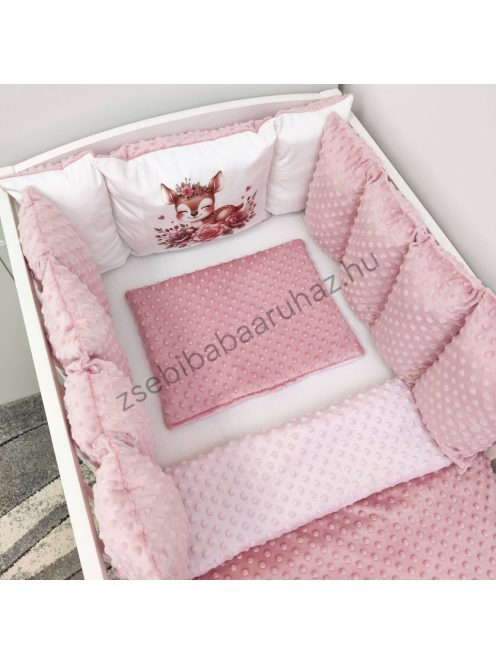 Deluxe Baby Minky babaágynemű garnitúra babafészekkel, Extra párnás rácsvédővel - Dreamland Collection - mályvarózsa őzike virágokkal