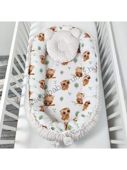 Deluxe Baby többfunkciós babafészek macipárnával - Minky mogyoró - vidám baglyocskák
