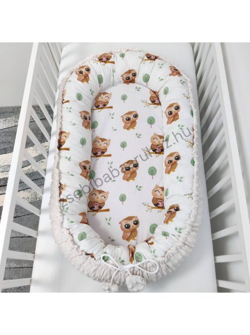 Deluxe Baby többfunkciós babafészek macipárnával - Minky mogyoró - vidám baglyocskák
