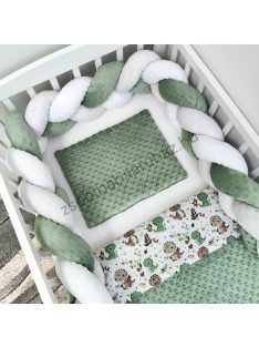   Deluxe Baby 3 részes babaágynemű garnitúra - takaró + párna + fonott rácsvédő - sötét zsályazöld - bébi dínók II.