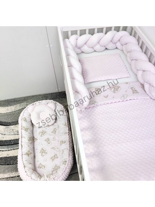 Deluxe Baby babaágynemű garnitúra babafészekkel - 5 részes - világos rózsaszín - felhőn alvó macikák
