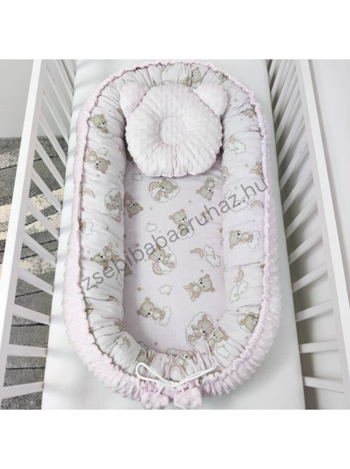 Deluxe Baby babaágynemű garnitúra babafészekkel - 5 részes - világos rózsaszín - felhőn alvó macikák