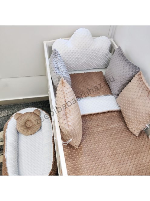 Deluxe Baby babaágynemű garnitúra babafészekkel, felhőpárnás rácsvédővel - fehér - cappuccino - grafit
