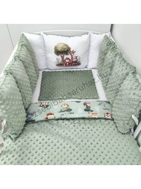Deluxe Baby babaágynemű garnitúra Extra párnás rácsvédővel - Dreamland Collection - sötét zsályazöld - szafari kölykök