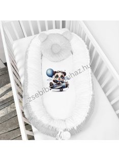   Deluxe Baby többfunkciós babafészek macipárnával, fekvőbetéttel - Minky szürke-fehér - repcsis panda