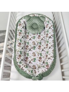   Deluxe Baby többfunkciós babafészek macipárnával - Minky sötét zsályazöld - bébi dínók