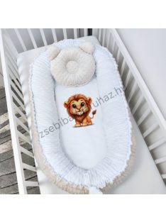   Deluxe Baby többfunkciós babafészek macipárnával, fekvőbetéttel - Minky mogyoró - fehér - oroszlán