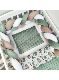   Deluxe Baby 3 részes babaágynemű garnitúra - takaró + párna + fonott rácsvédő - sötét zsályazöld - bébi dínók I.