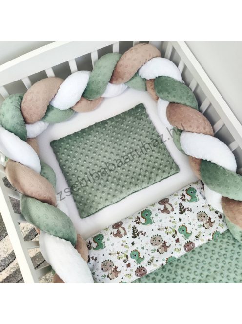 Deluxe Baby 3 részes babaágynemű garnitúra - takaró + párna + fonott rácsvédő - sötét zsályazöld - bébi dínók I.