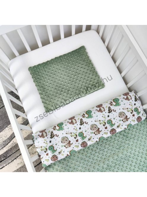Deluxe Baby 3 részes babaágynemű garnitúra - takaró + párna + fonott rácsvédő - sötét zsályazöld - bébi dínók I.