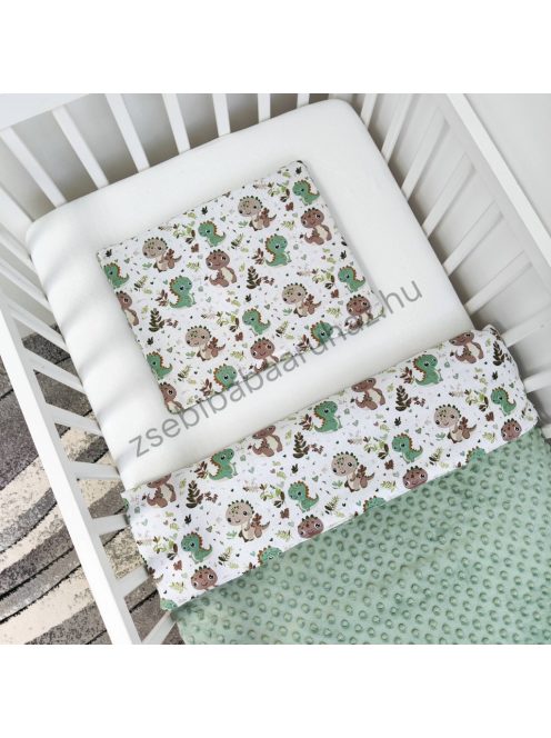 Deluxe Baby 3 részes babaágynemű garnitúra - takaró + párna + fonott rácsvédő - sötét zsályazöld - bébi dínók I.