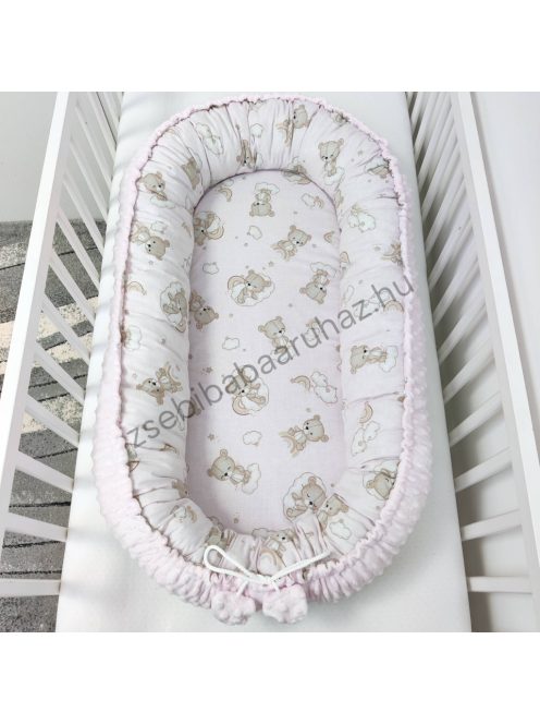 Deluxe Baby többfunkciós babafészek - Minky világos rózsaszín - felhőn alvó macikák