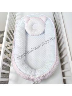   Deluxe Baby többfunkciós babafészek macipárnával - Minky világos rózsaszín - fehér