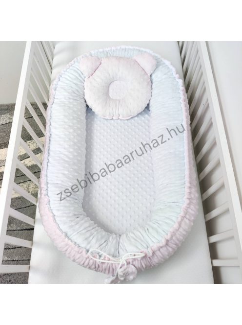 Deluxe Baby többfunkciós babafészek macipárnával - Minky világos rózsaszín - fehér