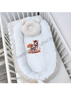   Deluxe Baby többfunkciós babafészek macipárnával, fekvőbetéttel - Minky mogyoró - fehér - zebrák