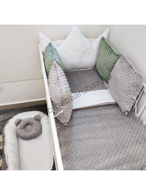 Deluxe Baby Minky babaágynemű garnitúra babafészekkel, koronapárnás rácsvédővel - fehér - grafit - sötét zsályazöld
