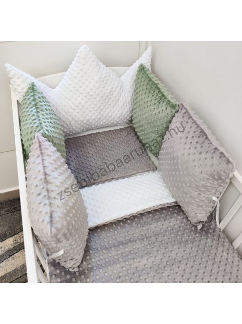 Deluxe Baby Minky babaágynemű garnitúra babafészekkel, koronapárnás rácsvédővel - fehér - grafit - sötét zsályazöld