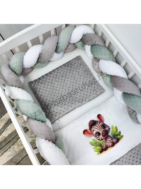 Deluxe Baby 3 részes babaágynemű garnitúra - takaró + párna + fonott rácsvédő - grafitszürke - bébi zebra