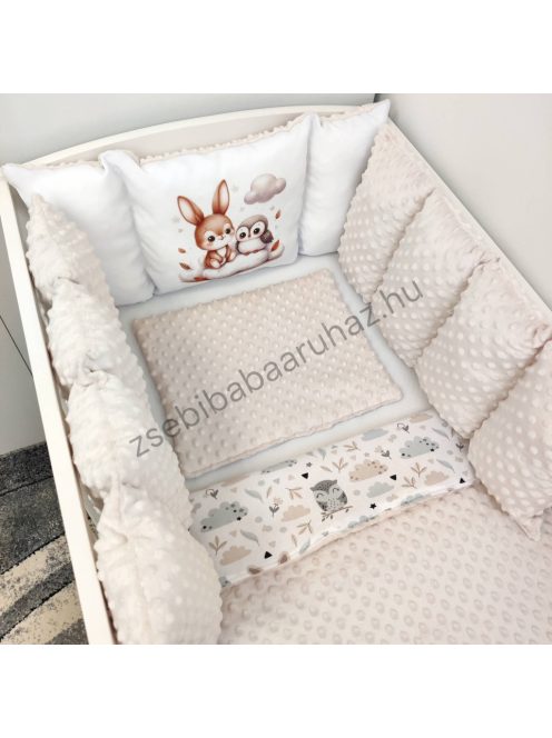 Deluxe Baby babaágynemű garnitúra Extra párnás rácsvédővel - Dreamland Collection - mogyoró nyuszi és bagoly