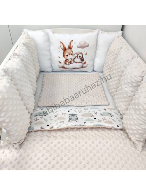 Deluxe Baby babaágynemű garnitúra Extra párnás rácsvédővel - Dreamland Collection - mogyoró nyuszi és bagoly
