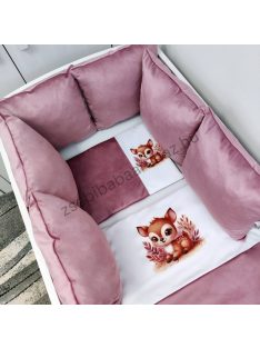   Deluxe Baby babaágynemű garnitúra babafészekkel,  párnás rácsvédővel, ölelőpárnával - mályva bársony - vidám bébi őzike